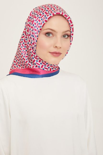 Armine Lacivert-Şeker Pembe Geometrik Desen Sura İpek Eşarp 9151-03