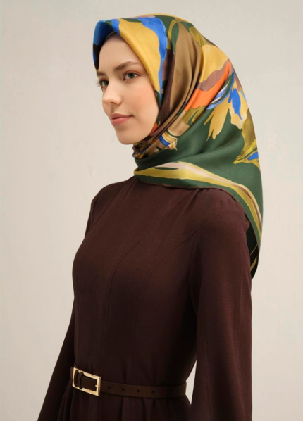 Armine Tivil İpek Eşarp 9340-54 Yeşil Karışık Desen