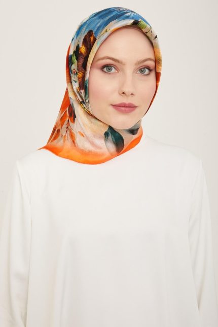 Armine Turuncu-İndigo Çiçek Desen Tivil İpek Eşarp 9133-35